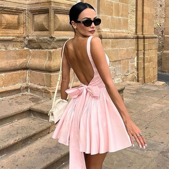 House of CB 'Florianne' Soft Peach Bow Mini Dress‎ size L D-DD Tall - Picture 9 of 15